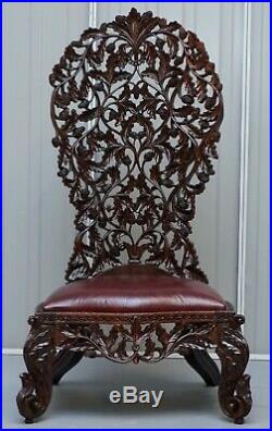 Victorian Rosewood Hand Carved Anglo Indian Burmese Chairs Oxblood Leather Pair