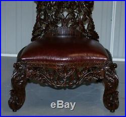 Victorian Rosewood Hand Carved Anglo Indian Burmese Chairs Oxblood Leather Pair