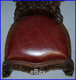 Victorian Rosewood Hand Carved Anglo Indian Burmese Chairs Oxblood Leather Pair