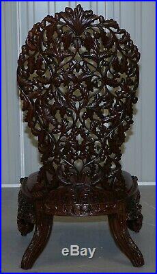 Victorian Rosewood Hand Carved Anglo Indian Burmese Chairs Oxblood Leather Pair