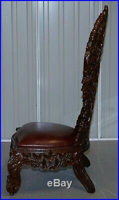 Victorian Rosewood Hand Carved Anglo Indian Burmese Chairs Oxblood Leather Pair
