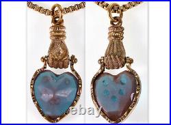 Victorian Saphiret Glass Heart Hand Fist Pendant Box Chain Necklace C. 1880