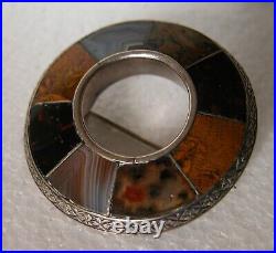 Victorian Scottish Silver Hand Made Agate Pebble Round Big Brooch