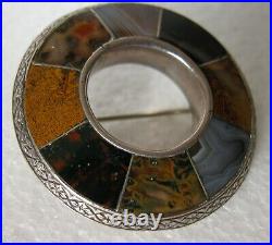 Victorian Scottish Silver Hand Made Agate Pebble Round Big Brooch