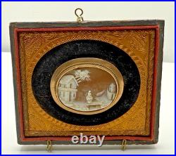 Victorian Shell Cameo Brooch Hand Carved Scene in Gilt Velvet Frame c1840-1870