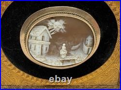 Victorian Shell Cameo Brooch Hand Carved Scene in Gilt Velvet Frame c1840-1870