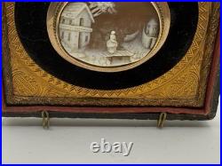 Victorian Shell Cameo Brooch Hand Carved Scene in Gilt Velvet Frame c1840-1870