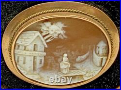 Victorian Shell Cameo Brooch Hand Carved Scene in Gilt Velvet Frame c1840-1870