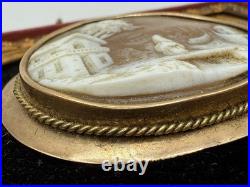 Victorian Shell Cameo Brooch Hand Carved Scene in Gilt Velvet Frame c1840-1870