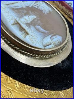Victorian Shell Cameo Brooch Hand Carved Scene in Gilt Velvet Frame c1840-1870