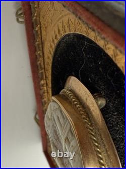 Victorian Shell Cameo Brooch Hand Carved Scene in Gilt Velvet Frame c1840-1870