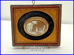 Victorian Shell Cameo Brooch Hand Carved Scene in Gilt Velvet Frame c1840-1870