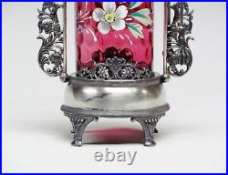 Victorian Silver Plate Pickle Castor With Hand Painted Flowers Glass Insert
