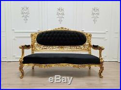 Victorian Sofa/ Antique Gold Leaf Finish Frame/ Tufted Black Velvet/ Hand Carved