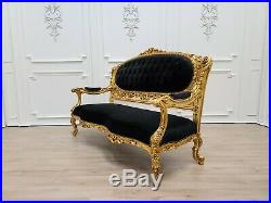 Victorian Sofa/ Antique Gold Leaf Finish Frame/ Tufted Black Velvet/ Hand Carved