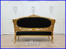 Victorian Sofa/ Antique Gold Leaf Finish Frame/ Tufted Black Velvet/ Hand Carved