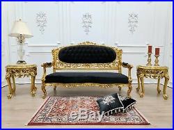 Victorian Sofa/ Antique Gold Leaf Finish Frame/ Tufted Black Velvet/ Hand Carved