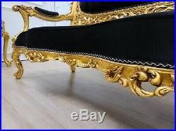 Victorian Sofa/ Antique Gold Leaf Finish Frame/ Tufted Black Velvet/ Hand Carved