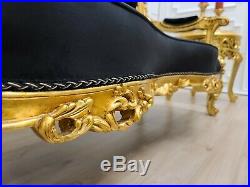 Victorian Sofa/ Antique Gold Leaf Finish Frame/ Tufted Black Velvet/ Hand Carved