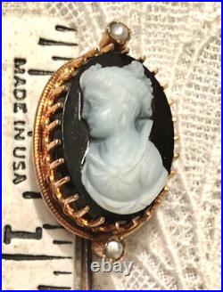 Victorian Solid 12k Gold Cameo Lapel Pin Hard Stone Black White Onyx Pearl Tie