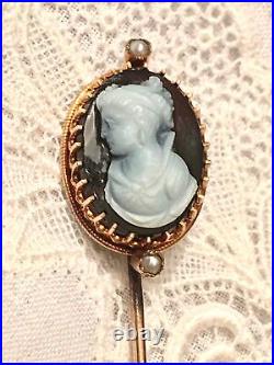 Victorian Solid 12k Gold Cameo Lapel Pin Hard Stone Black White Onyx Pearl Tie