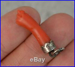 Victorian Solid Silver and Coral Hand Carved FIGA Charm Pendant
