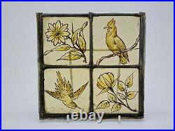 Victorian Stained Glass Window Hand Painted Kiln Fired Bird & Flowers Motifs