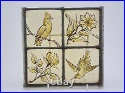 Victorian Stained Glass Window Hand Painted Kiln Fired Bird & Flowers Motifs