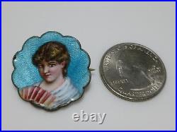 Victorian Sterling Silver Hand Painted Enamel Woman Fan Painting Brooch Pin