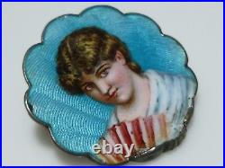 Victorian Sterling Silver Hand Painted Enamel Woman Fan Painting Brooch Pin