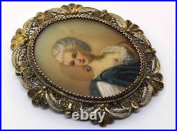 Victorian Sterling Silver Hand Painted On Paper Miniature Brooch Pendant