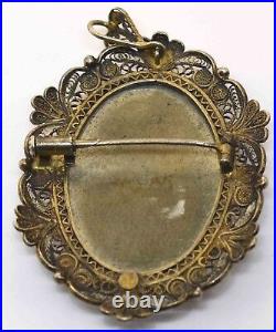 Victorian Sterling Silver Hand Painted On Paper Miniature Brooch Pendant