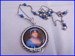 Victorian Sterling Silver Hand Painted Porcelain Maiden Lady Pendant Necklace