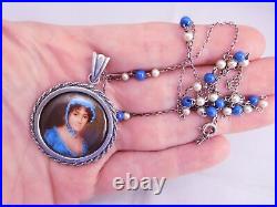 Victorian Sterling Silver Hand Painted Porcelain Maiden Lady Pendant Necklace