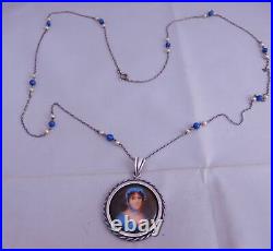 Victorian Sterling Silver Hand Painted Porcelain Maiden Lady Pendant Necklace