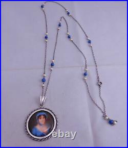 Victorian Sterling Silver Hand Painted Porcelain Maiden Lady Pendant Necklace