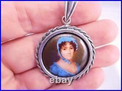 Victorian Sterling Silver Hand Painted Porcelain Maiden Lady Pendant Necklace