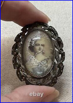 Victorian Sterling Silver Marcasite Hand painted portrait Brooch Pendant READ