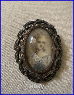 Victorian Sterling Silver Marcasite Hand painted portrait Brooch Pendant READ