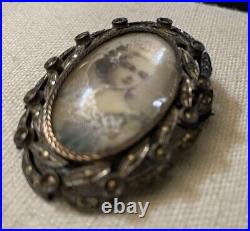 Victorian Sterling Silver Marcasite Hand painted portrait Brooch Pendant READ