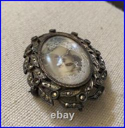 Victorian Sterling Silver Marcasite Hand painted portrait Brooch Pendant READ