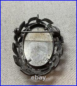 Victorian Sterling Silver Marcasite Hand painted portrait Brooch Pendant READ