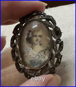 Victorian Sterling Silver Marcasite Hand painted portrait Brooch Pendant READ