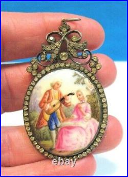 Victorian Sterling Silver Mother Of Pearl Hand Painted French Paste Pendant