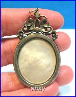 Victorian Sterling Silver Mother Of Pearl Hand Painted French Paste Pendant