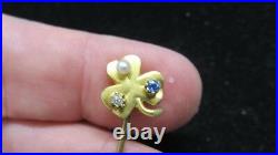 Victorian Stickpin 18kt Gold 3 Leaf CloveDiamond, Sapphire+Seed Pearl1900