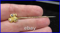 Victorian Stickpin 18kt Gold 3 Leaf CloveDiamond, Sapphire+Seed Pearl1900