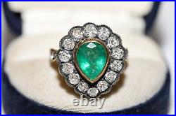 Victorian Style New Hand Made 18k Gold Natural Old Cut Dimaond And Emerald Ring