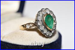 Victorian Style New Hand Made 18k Gold Natural Old Cut Dimaond And Emerald Ring