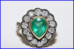 Victorian Style New Hand Made 18k Gold Natural Old Cut Dimaond And Emerald Ring